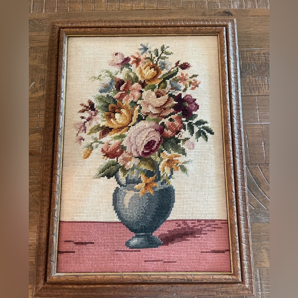 Vintage Floral Needlepoint Wall Art in Wooden Frame